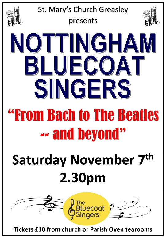 Poster for a concert at St Mary's Church by Nottingham Bluecoat Singers